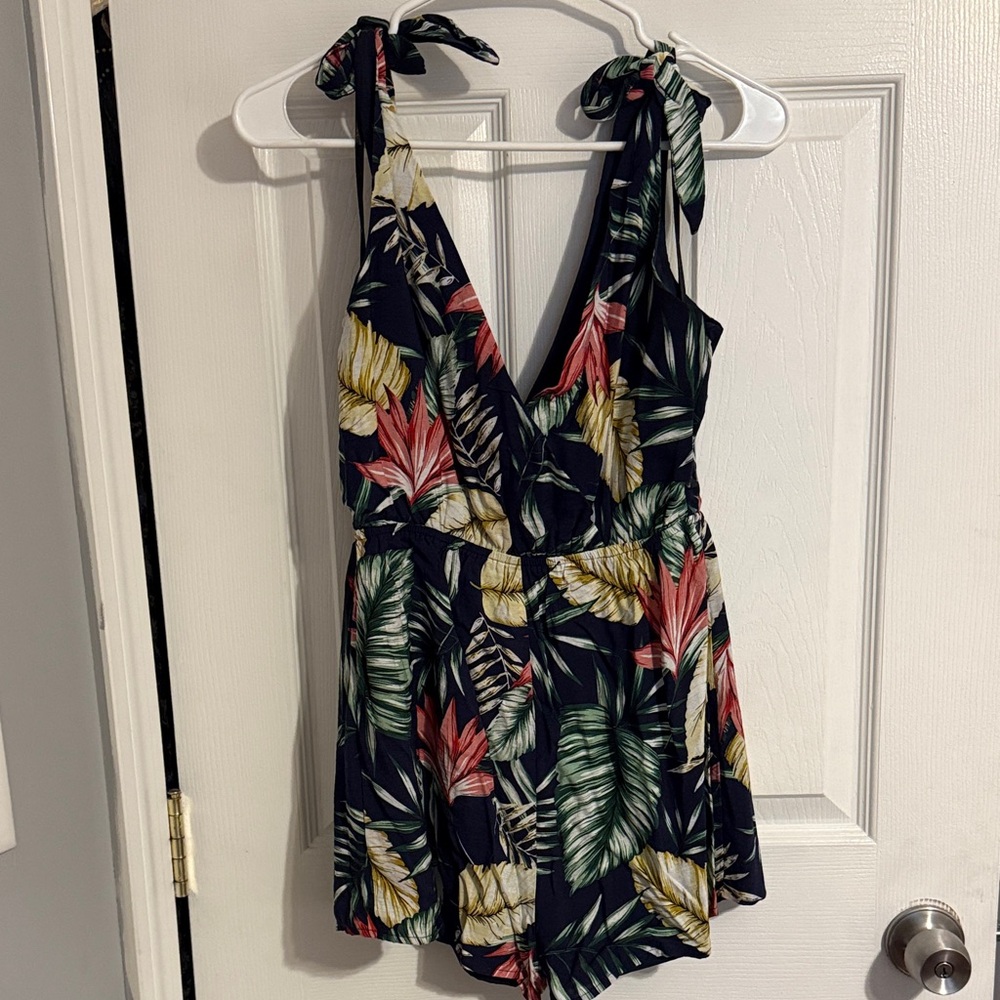 superdown Black Tropical Leaf Tie-Shoulder Romper with Green Pink & Yellow